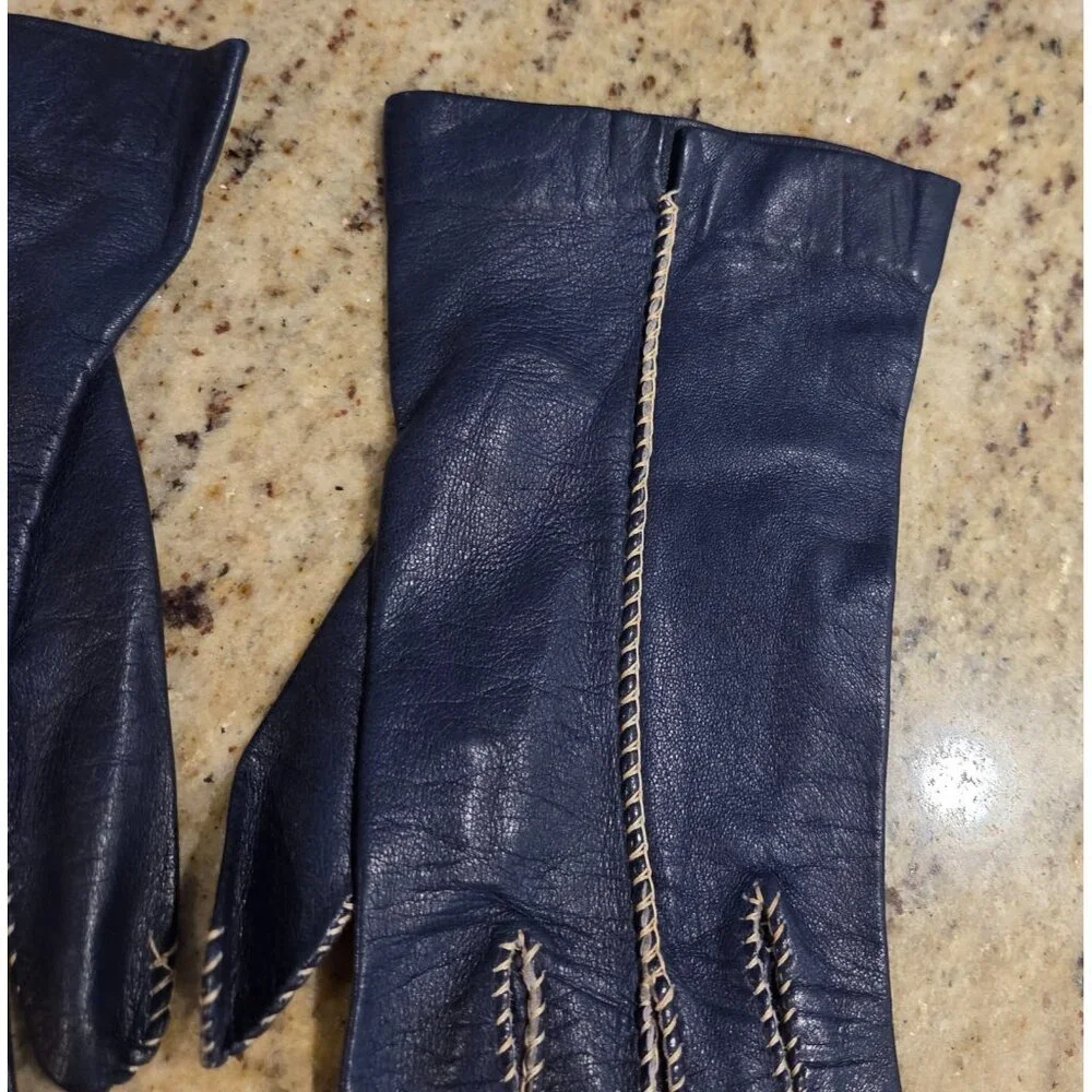 Vintage Womens Size XS S 6 1/4 Blue Leather Formal Gloves Contrast Stitching